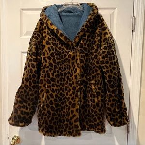 Vintage Leopard Faux Fur & Denim Hooded Reversible Coat